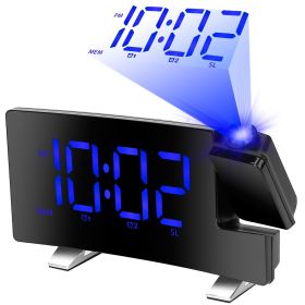 Projection Alarm Clock with Radio Function 7.7In Curved-Screen LED Digital Alarm Clock w/ Dual Alarms 4 Dimmer 12/24 Hour - Blue