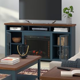 Bridgevine Home Nantucket 74 inch Fireplace TV Stand Console for TVs up to 85 inches, Minimal Assembly, Blue Denim and Whiskey Finish - as Pic