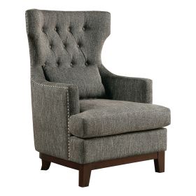 Button Tufted Wing-Back Accent Chair 1pc Gray Fabric Upholstered Pillow Solid Wood Traditional Living Room Furniture - as Pic