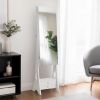 Full mirror wood flooring style with 2 large drawers, natural light strip, jewelry storage mirror cabinet - white - as picture