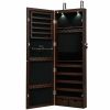 Lockable Wall Mount Mirrored Jewelry Cabinet with LED Lights - brown